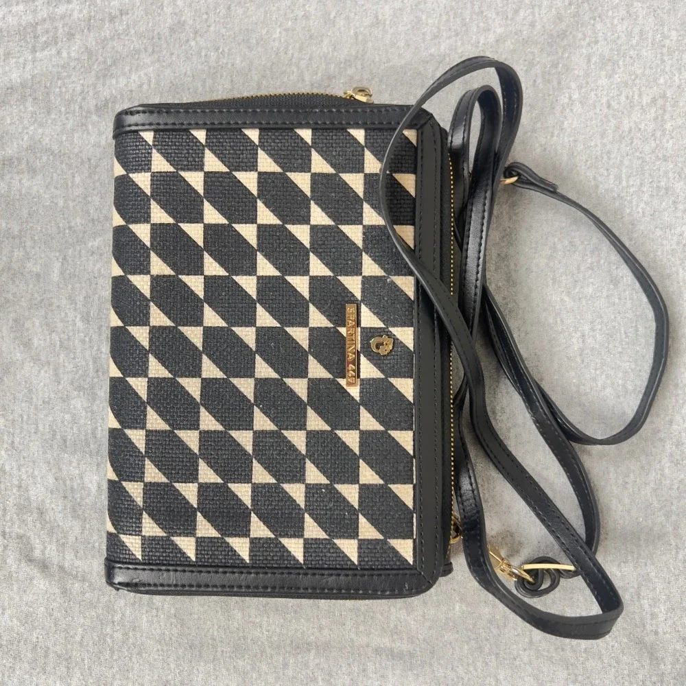 Spartina 449 Crossbody Bag Womens Small Geometric Linen Leather Black Cream Chic